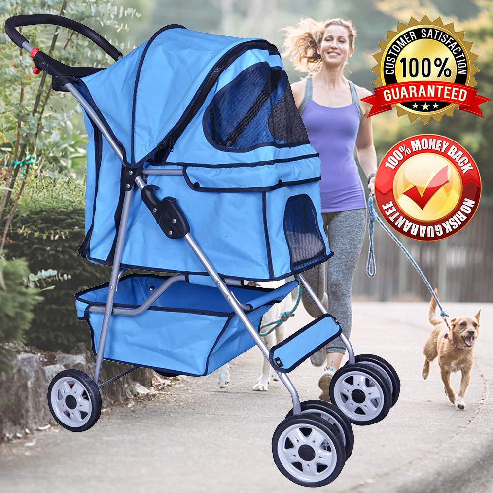 Dog Stroller Pet Stroller Cat Strollers Jogger Foldable Travel Carrier 35Lbs Capacity Doggie Cage Durable 4 Wheels Strolling Cart with Cup Holders and Removable Liner for Small-Medium Dog, Cat (Blue)