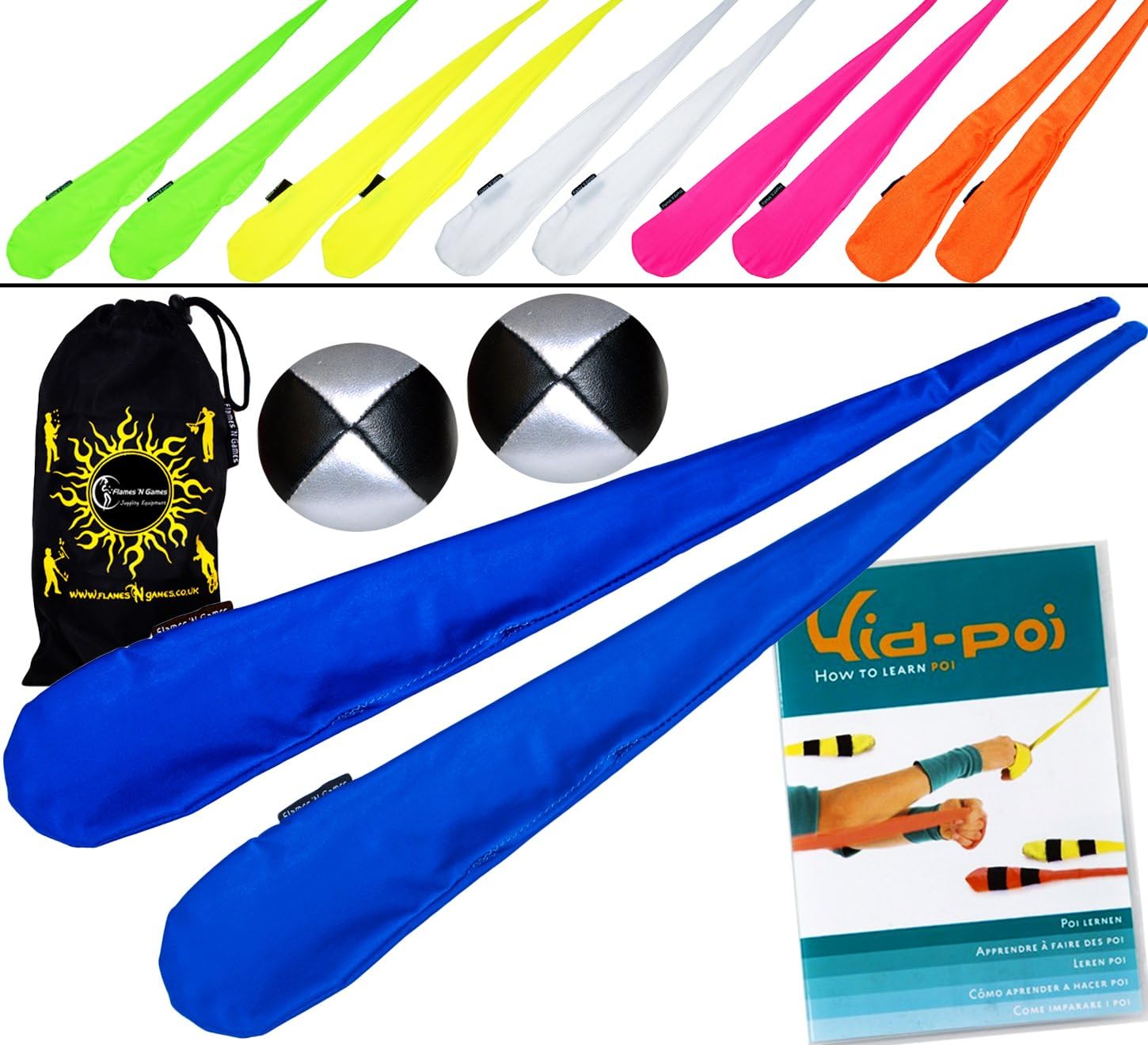 Pro Sock Poi Set (ORANGE) Flames N Games Pair of Quality Stretchy Lycra Spinning Poi Socks + 2x90g Balls & KID POI Instructional DVD & Travel Bag.