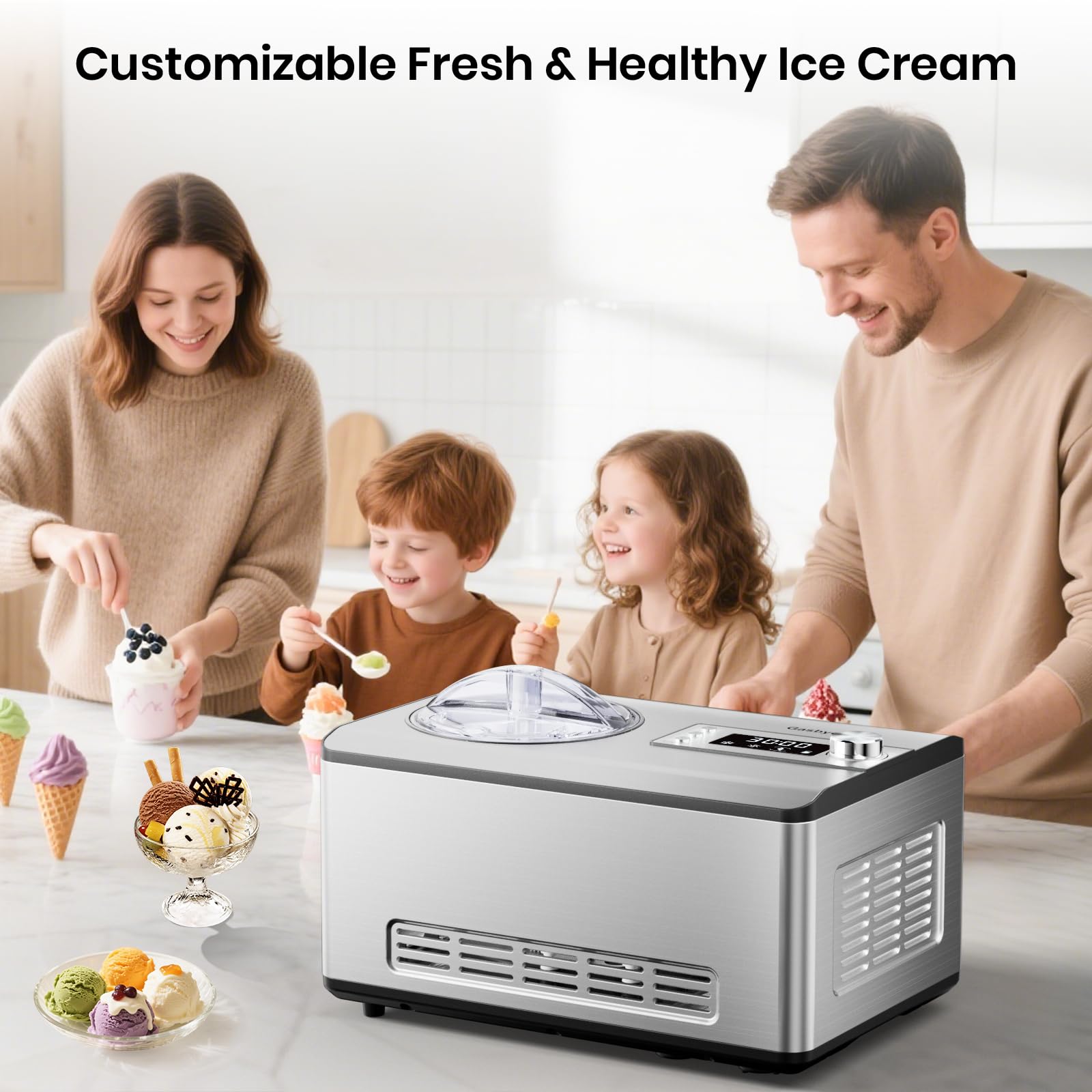 Máquina para hacer helados Gasbye con compresor mejorado, [congelación 40% más rápida], no necesita precongelación, pantalla LED, capacidad de 2.1 cuartos, fácil operación para helados y yogures, acero inoxidable