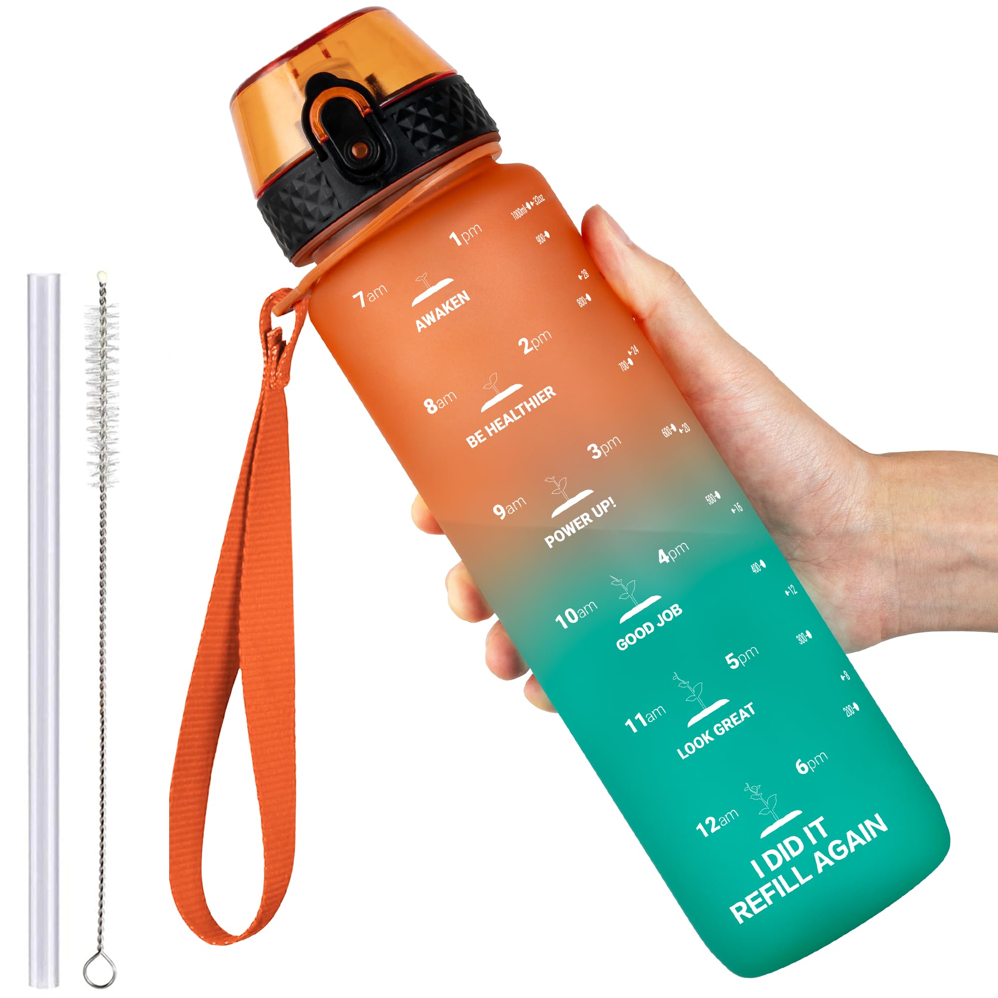 GOPPUS 1L/32oz Tritan Water Bottle with Straw-Soft Matte Finish Leakproof Drink Bottle with Measurements Bottles with Flip Top Motivational Bottles with Time Marks for Adults BPA Free (Orange Green)