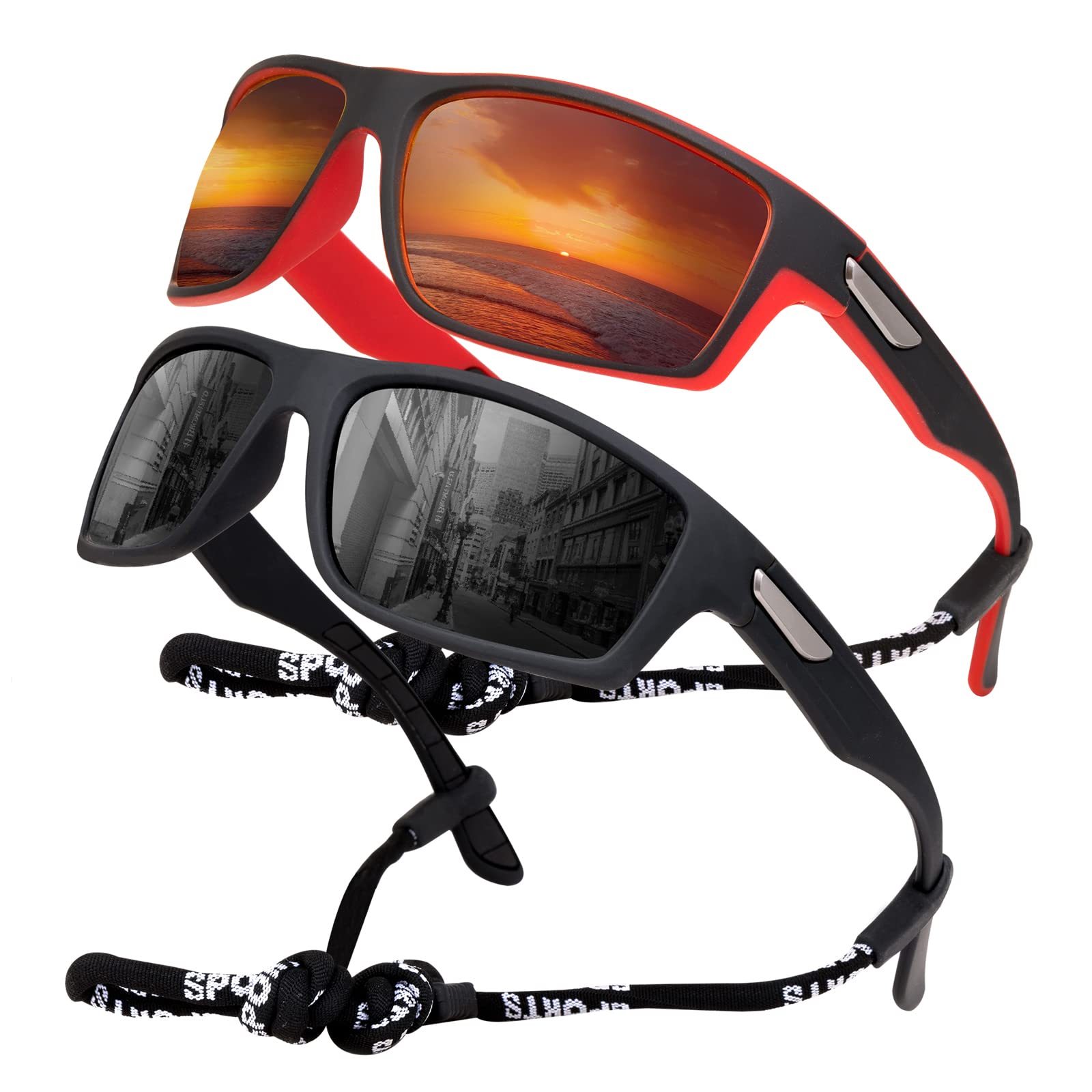 SKYWAY Polarised Sports Sunglasses for Men, Fishing Golf Hiking Running Cycling Glasses UV Protection Wrap Around Unbreakable Lightweight Sun Glasses Black/Red