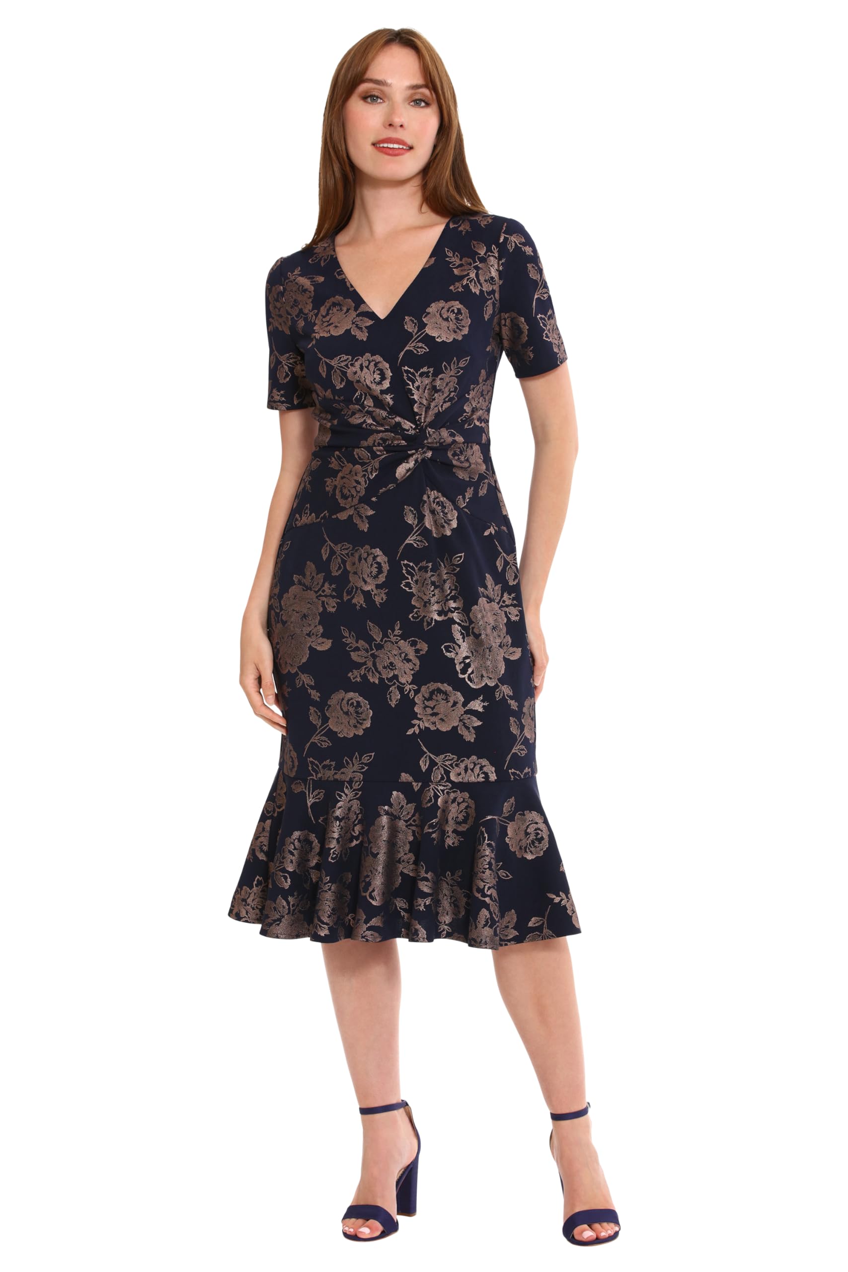 London Times Women’s Dresses Elegant Short Sleeve V-Neck Dress with Flounce Hem Tier | Cocktail Dresses for Women, Navy/Rose Gold, 10
