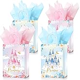 Nezyo 16 Pcs Princess Prince Party Favor Bags with Handles & Tissue Paper Prince Princess Candy Treat Goodie Gift Bags for Birthday Baby Shower Party Favors(Pink and Blue Castle)