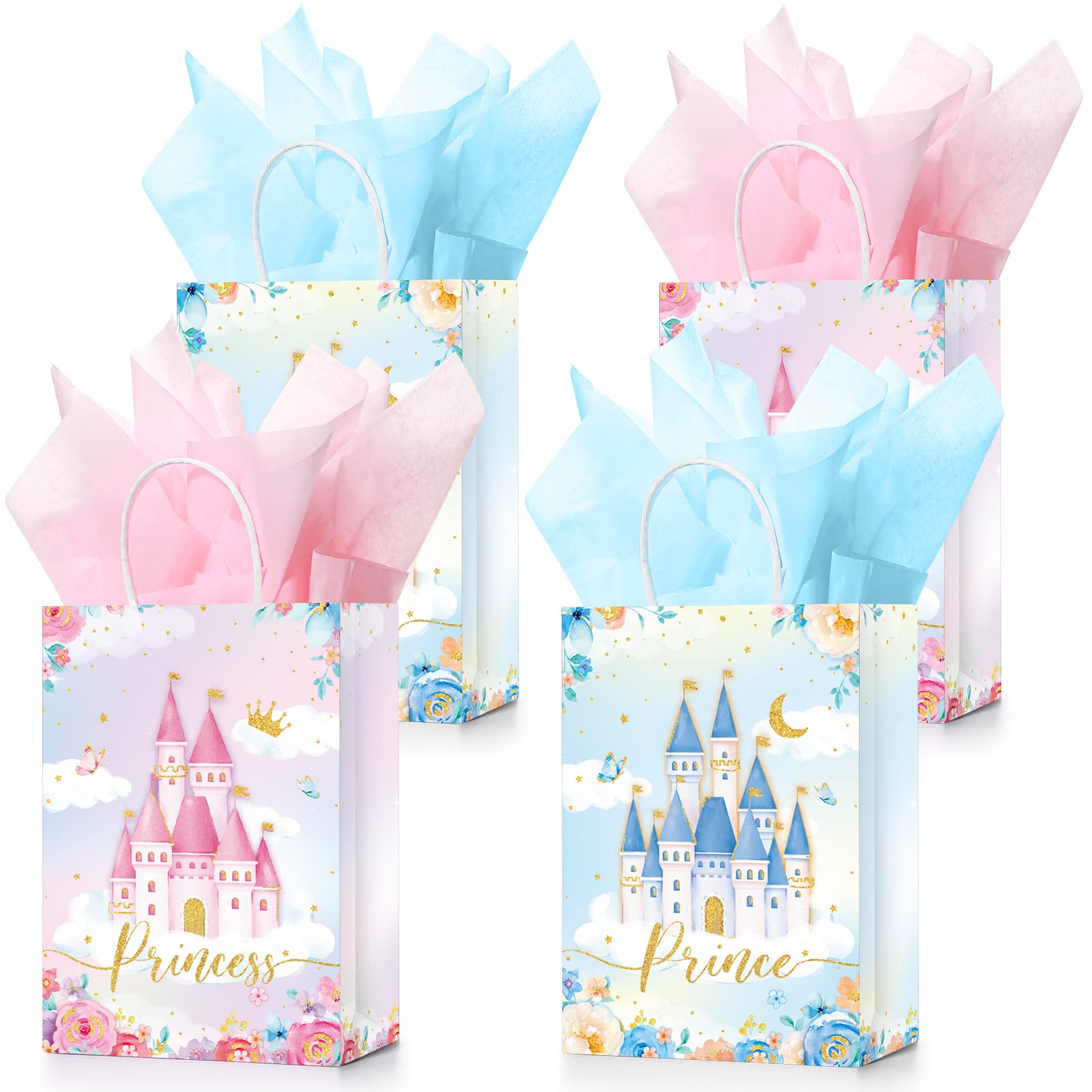 Nezyo 16 Pcs Princess Prince Party Favor Bags with Handles & Tissue Paper Prince Princess Candy Treat Goodie Gift Bags for Birthday Baby Shower Party Favors(Pink and Blue Castle)