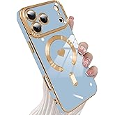 KANGHAR Magnetic Compatible with iPhone 17 Pro Case for Women Girls Luxury Plating Cute Love Hearts Design Compatible with Magsafe Soft TPU Bumper Shockproof Cover Blue
