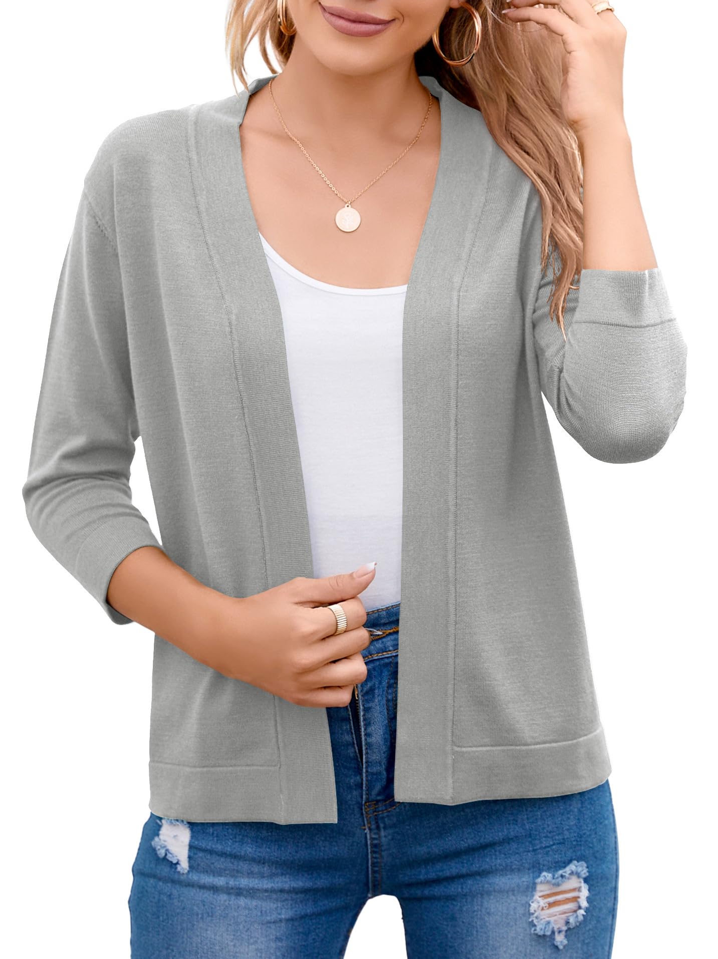 Bettysays Classic 3/4 Sleeve Short Cardigan Knit Shrug Plus Size Sweaters for Women (2X-Large,Light Gray) Image