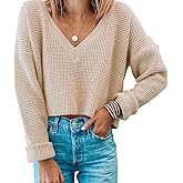 Jumppmile Womens V Neck Waffle Knit Cropped Top Long Sleeve Pullover Crop Sweater