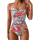 B2prity One Piece Swimsuit for Women Tummy Control Bathing Suits Ruched Slimming Swim Suit Push Up Tie Back Swimwear