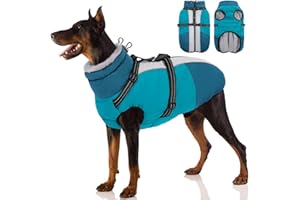 SUNFURA Dog Coat, Warm Dog Jacket with Harness Built in, Waterproof Pet Winter Coat Snowsuit with Zipper, Reflective Fleece Jacket for Extra Large Dogs, Weimaraner, Turquoise XXL