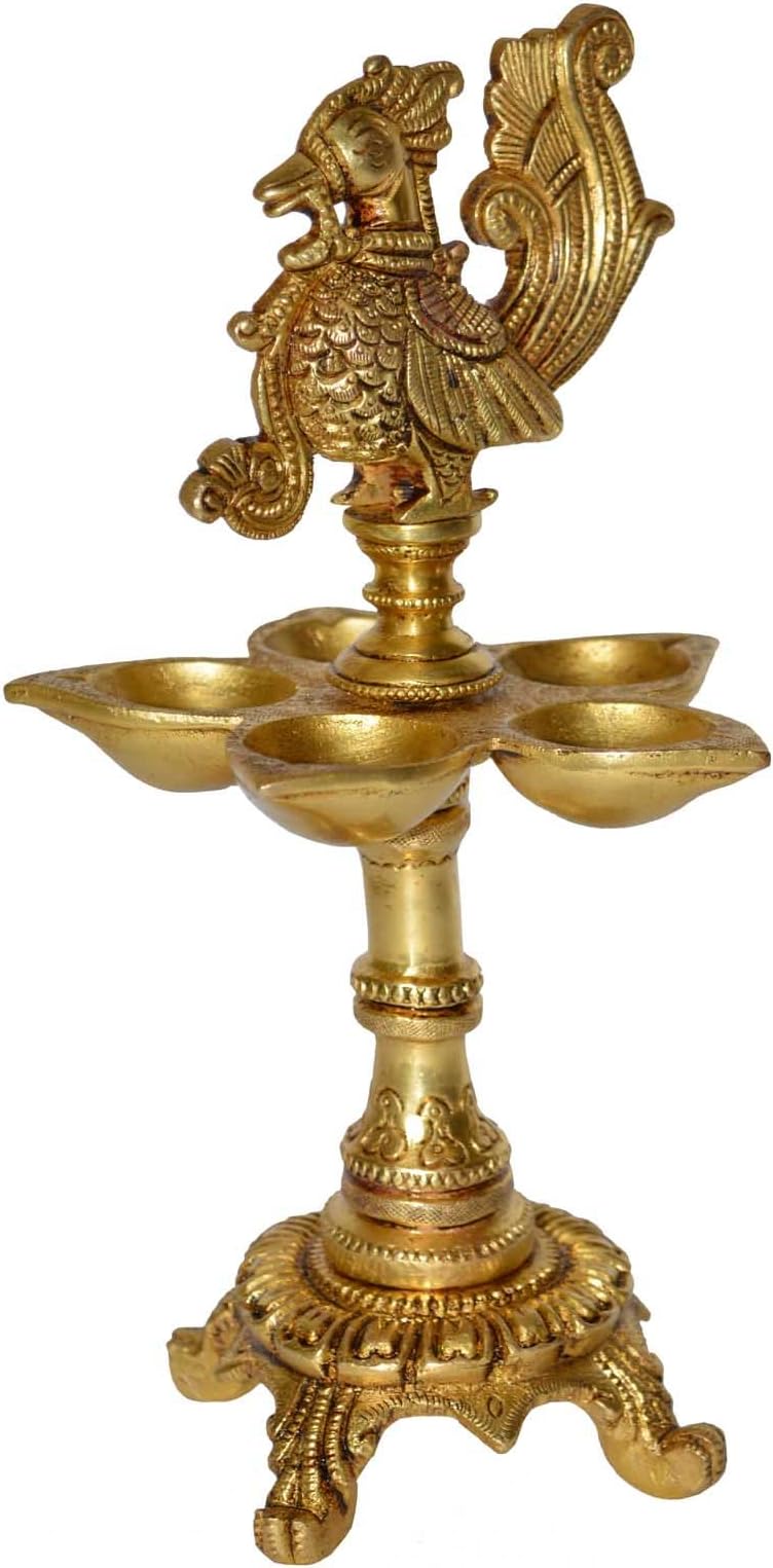 Aakrati Brass Standing Oil Lamp with A Small Bird Figurine at Top for Home Hotel Cottage Resort Decoration Handmade in India Vintage Decoration Table Decoration