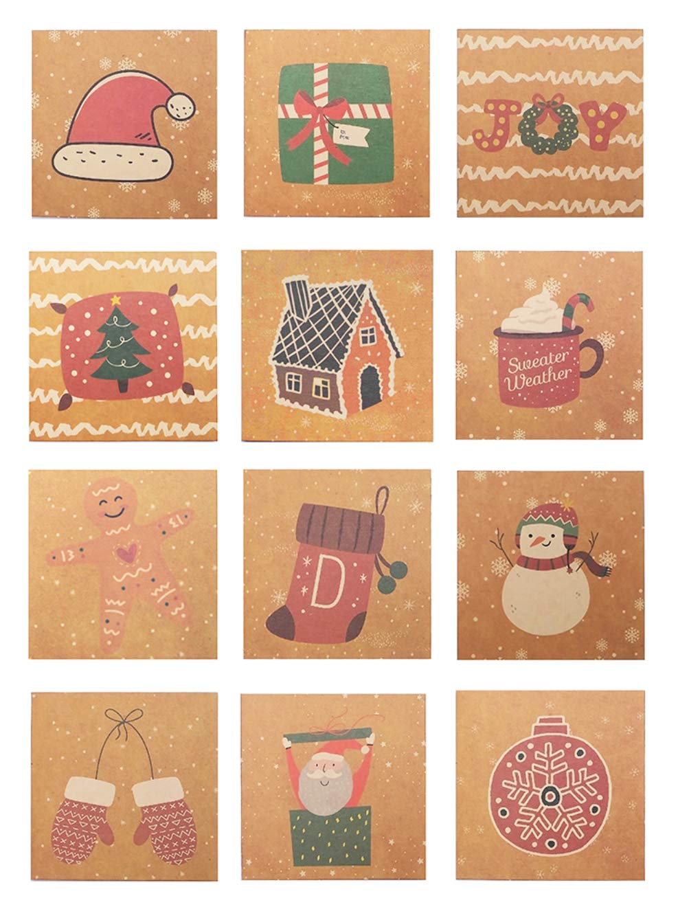 24 Pack Mini Size Merry Christmas Greeting Cards & Envelopes, 3.3" x 3.3" Size, Cute Colorful Christmas Cartoon Holiday Style Greetings Cards, Pack of 24, Brown 2X12