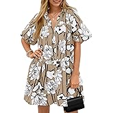 Wenrine Women's Summer Button Down Shirt Dress Floral Puff Short Sleeve Casual Loose Fit Beach Mini Dresses