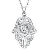 PEIMKO Hamsa Hand Necklace for Women 925 Sterling Silver Hamsa Hand of Fatima Evil Eye Pendant with Heart Cubic Zirconia 18+2 Inch Chain