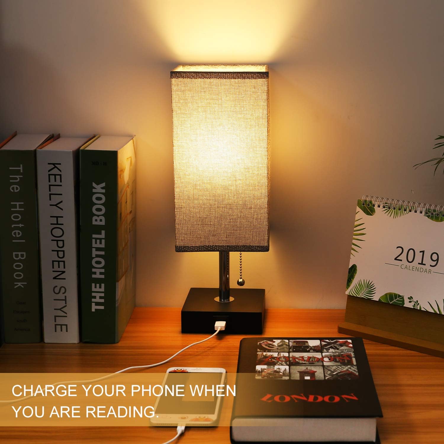 USB Table Desk Lamp, Grey Bedside Nightstand Lamp with USB Charging Port, Solid Wood Unique Lampshade,Convenient Pull Chain for Bedroom Living Room: Home Improvement