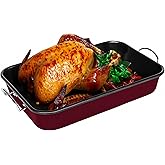 Prime Cuisine Roasting Pan with Rack – 15.75" Turkey Roaster Pan with V-Rack, Nonstick Oven Pan for Cooking, Baking & Roasting – Sturdy Handles for Easy Transport, Easy Cleanup, Burgundy