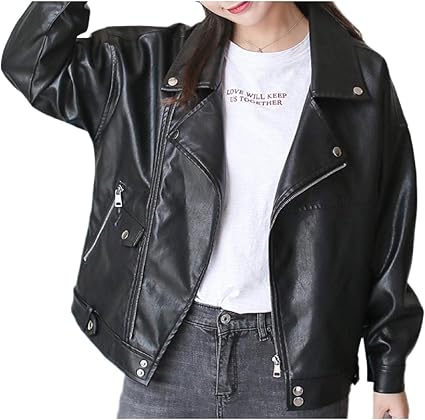 Comaba Women Baggy Jacket Coat Zipper Lapel Casual Baggy Faux Leather Jackets: Buy Online at 