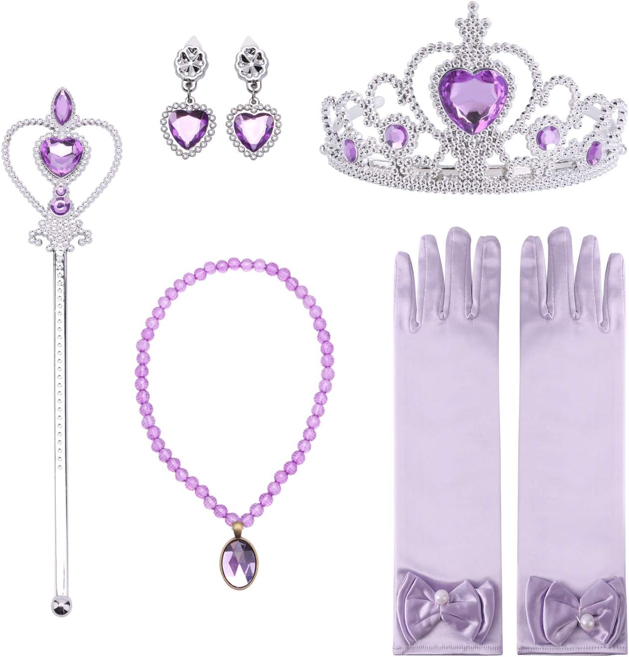 Girls Princess Dress up Accessories Set- Gloves,Tiara Crown, Earrings,Wand and Necklaces, 5 Pieces. (Purple)
