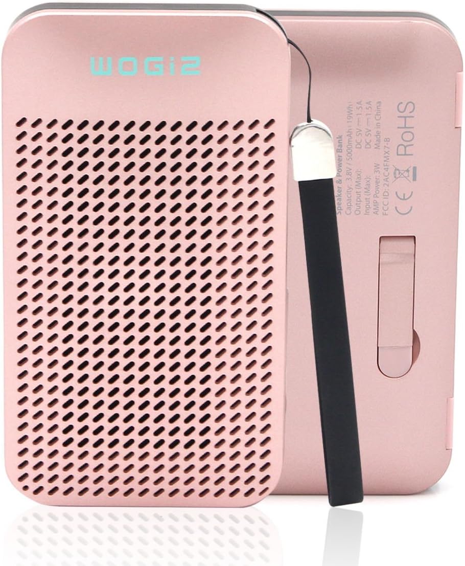 Wogiz® Portable Bluetooth Speaker With 5000mAh Power Bank For iPhone Samsung Wireless Hands Free Support AUX In TF Card Long Standby (Rose Gold)
