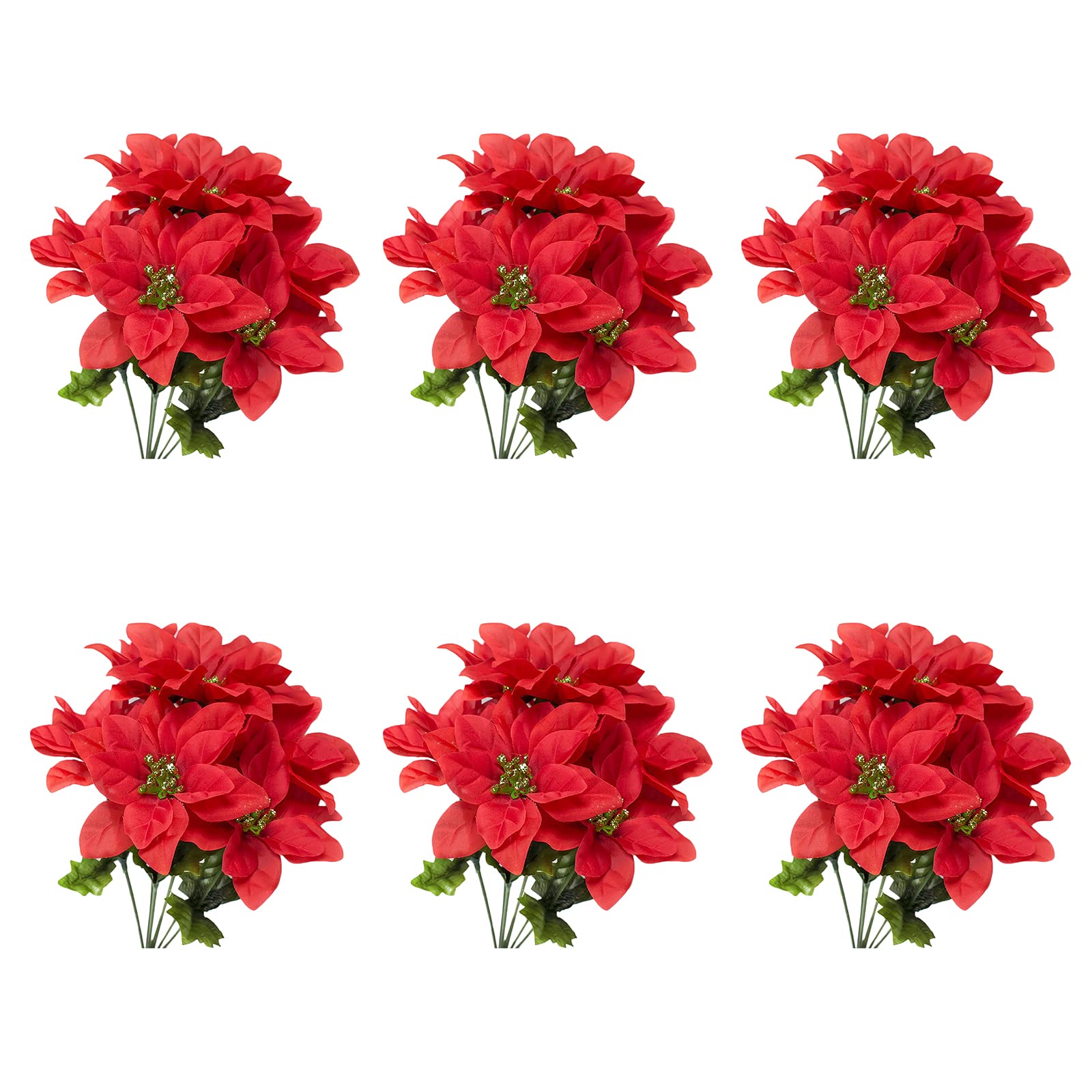 HJHIWE 7 Stems Red Artificial Poinsettia Bushes Silk Flowers, Artificial Poinsettia Bouquet Faux Poinsettia Flowers Branch for Indoor Outdoor Christmas Home Office Decor, 6 Pack.