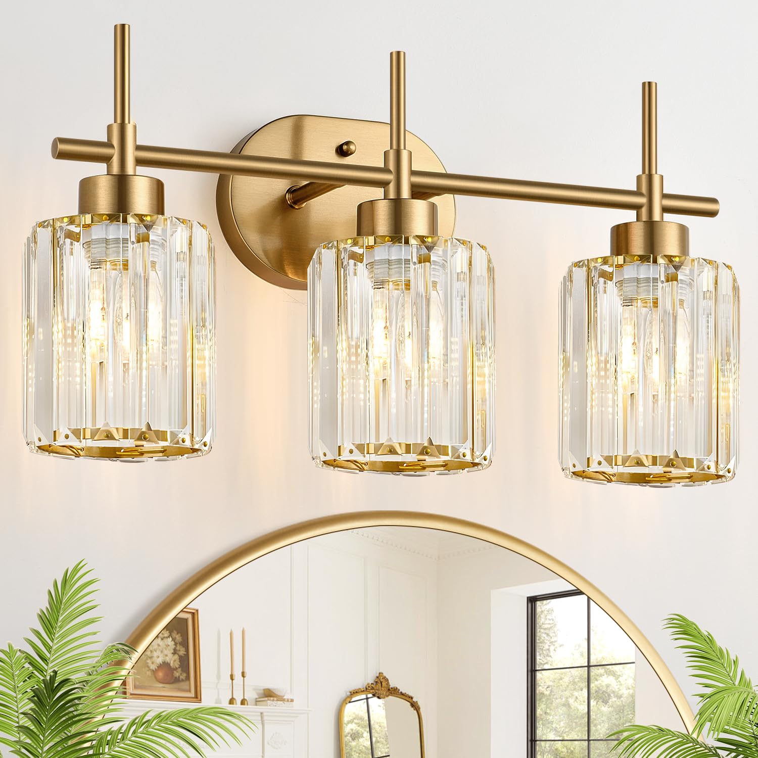 Photo 1 of Meybiok Modern Crystal Bathroom Vanity Light, 3-Light Brushed Gold Bathroom Light Fixtures with Clear Shades, Vanity Lighting Fixtures Over Mirror (Exclude Bulb)