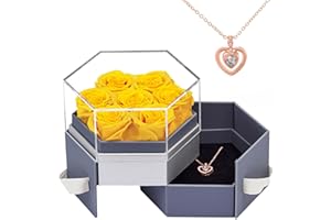 Beaulasting Roses Forever Flowers 7-Piece Preserved Roses in a Box Eternal Roses with Necklace Gift for Mother's Day Wedding Anniversary Birthday (Hexagon Haze Blue Box, Yellow Roses)