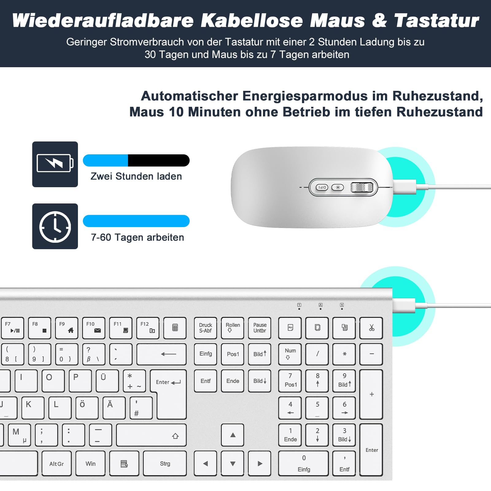 cimetech Tastatur Maus Set Kabellos 2.4G Aufladbar Ergo Slim für PC/Laptop 2