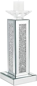 meetart Crush Diamond Crystal Clear Silver Mirror Glass Tall Pillar Taper Candle Holder Big Candle Cup Elegant Ideal for Wedding Centerpieces and Home Decoration, (Candles not Included)