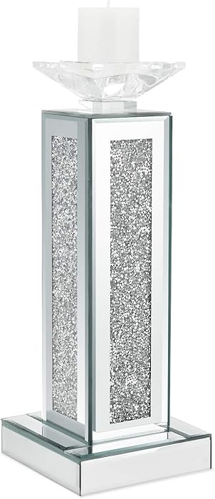 meetart Crush Diamond Crystal Clear Silver Mirror Glass Tall Pillar Taper Candle Holder Big Candle Cup Elegant Ideal for Wedding Centerpieces and Home Decoration, (Candles not Included)