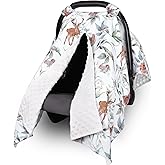 TANOFAR Baby Carseat Canopy, Peekaboo Opening Car Seat Canopy for Babies, Soft and Breathable Infant Carrier Canopy, Multi-use Baby Carrier, Stroller, Nursing Cover, Minky Blanket, Animal Leaf