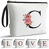A-Z BAG Personalized Makeup Bag, Birthday Gifts for Women Mom, Gifts for Best Friend, Bride Bridesmaid Cosmetic bag (C, White)