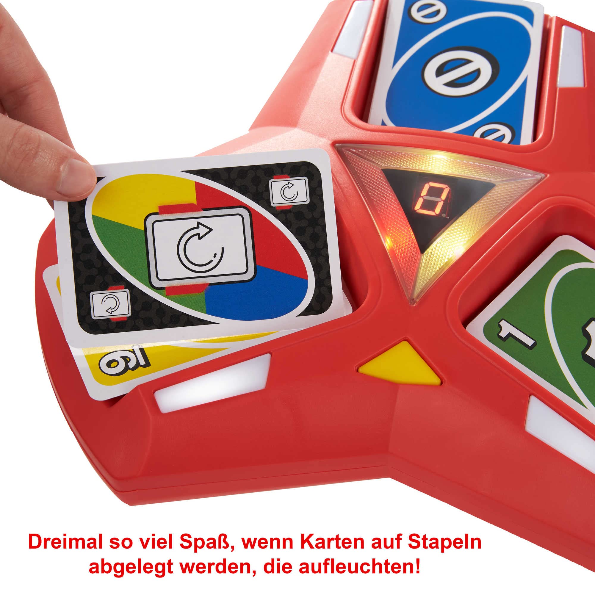 Mattel Games UNO Triple Play, Uno Kartenspiel für die Familie, mit Licht und Soundeffekten, Perfekt als Kinderspiel, Reisespiel oder Spiel für Erwachsene, für 2-6 Spieler, ab 7 Jahren, HCC21 5