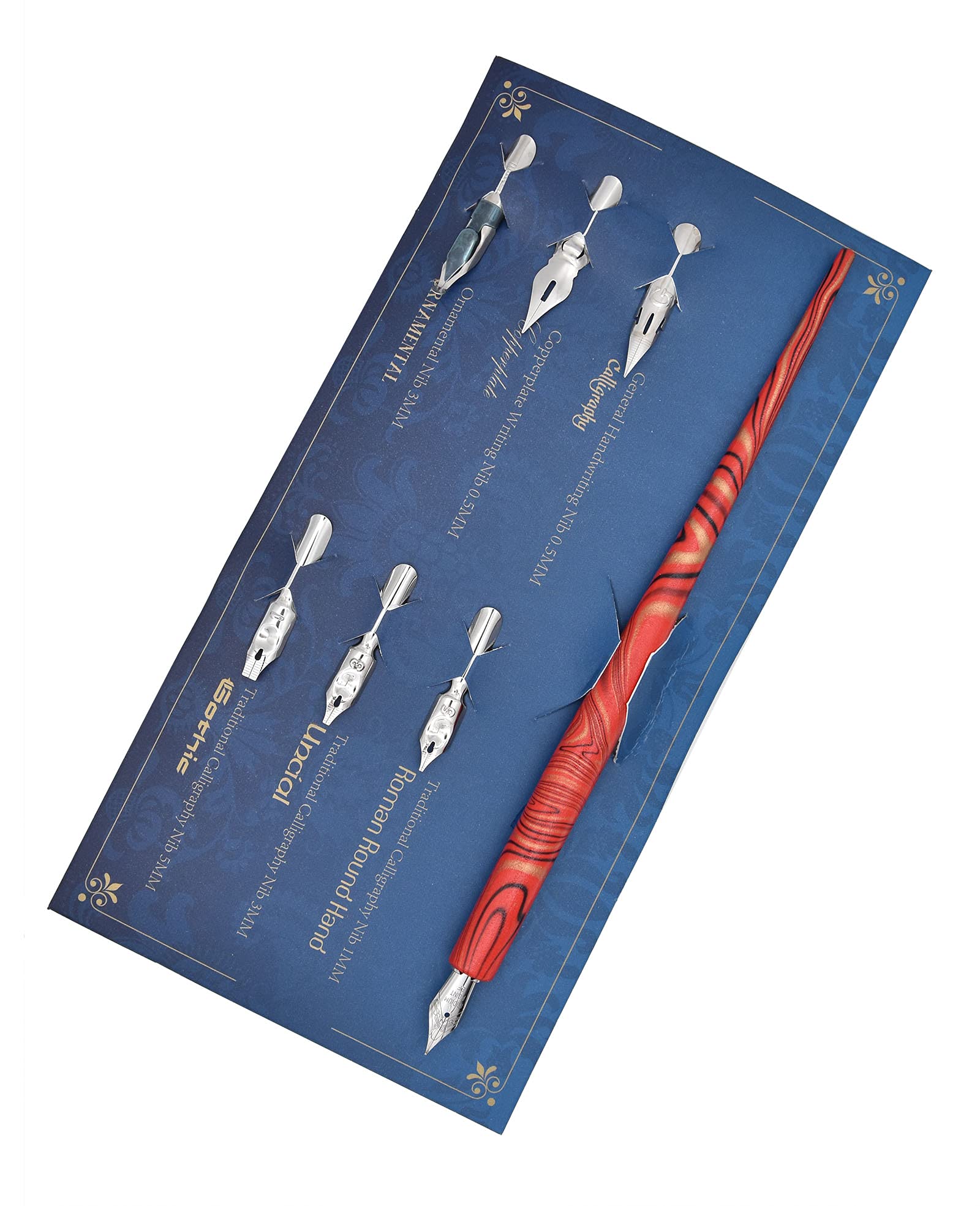 Gullor Wooden Dip Pen Calligraphy Set with Black Ink & 6 Nibs for Beginners, Kids, Writing, Signatures and Drawing, Red