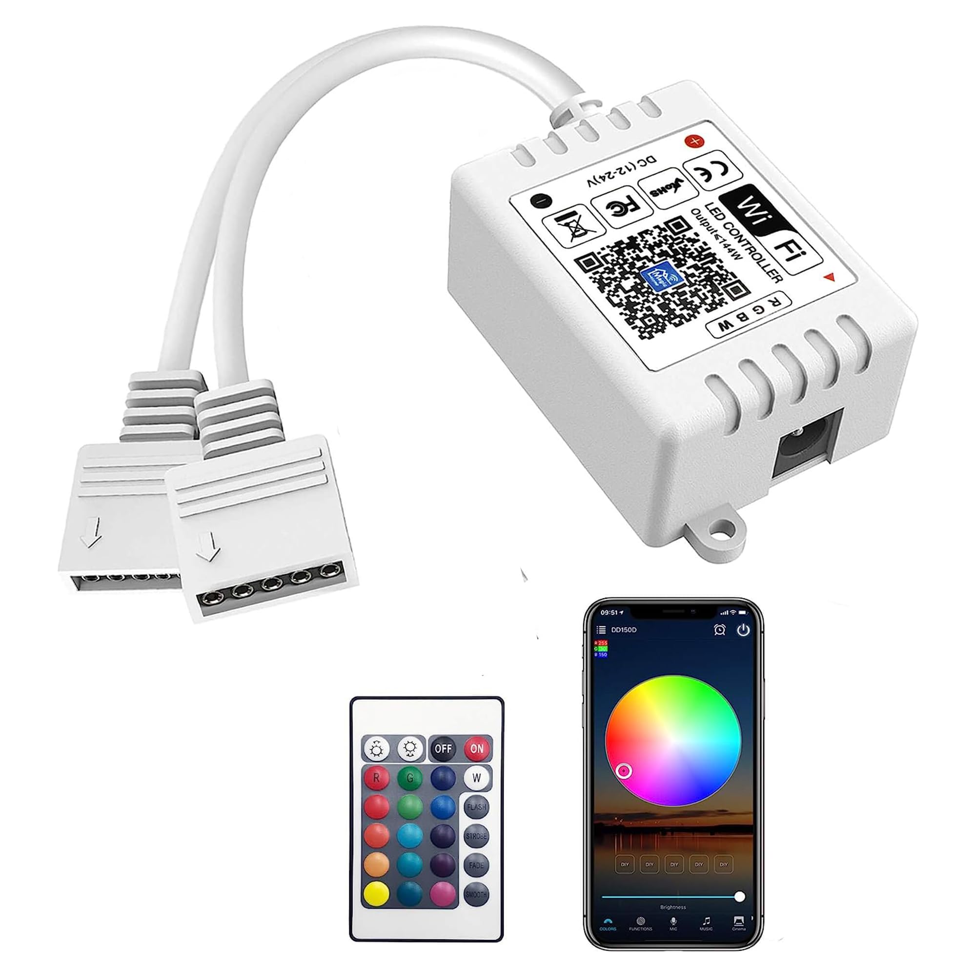 Smart RGBW WiFi LED Controller 2-Output for 5 Pin RGBW LED Strip,Work with Alexa/Google Assistant,APP/Voice Control 5-10m Lightstrip Change Color,Dimming,Sync Music,Only RF Remote and WiFi Controller