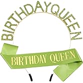 Birthday Gift for Girls,Green Satin Glod Glitter Sash Rhinestone Headband for Women,Crowns Tiaras Decorations Supplies for 16,18,21,30,40,50 or Any Other Birthday Party