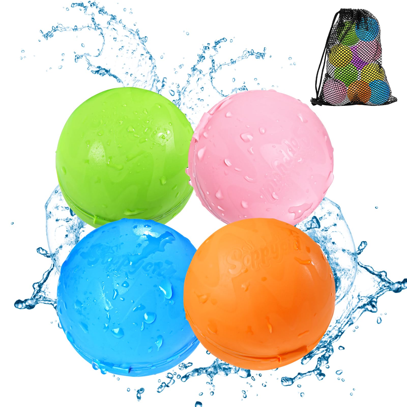 Reusable Water Bomb Balloons Silicone Self Sealing Splash Water Balls with Mesh Bag, Summer Fun Outdoor Toys for Kids, Water Games for Kids Backyard Swimming Pool Waterpark Glitter (14 Packs)