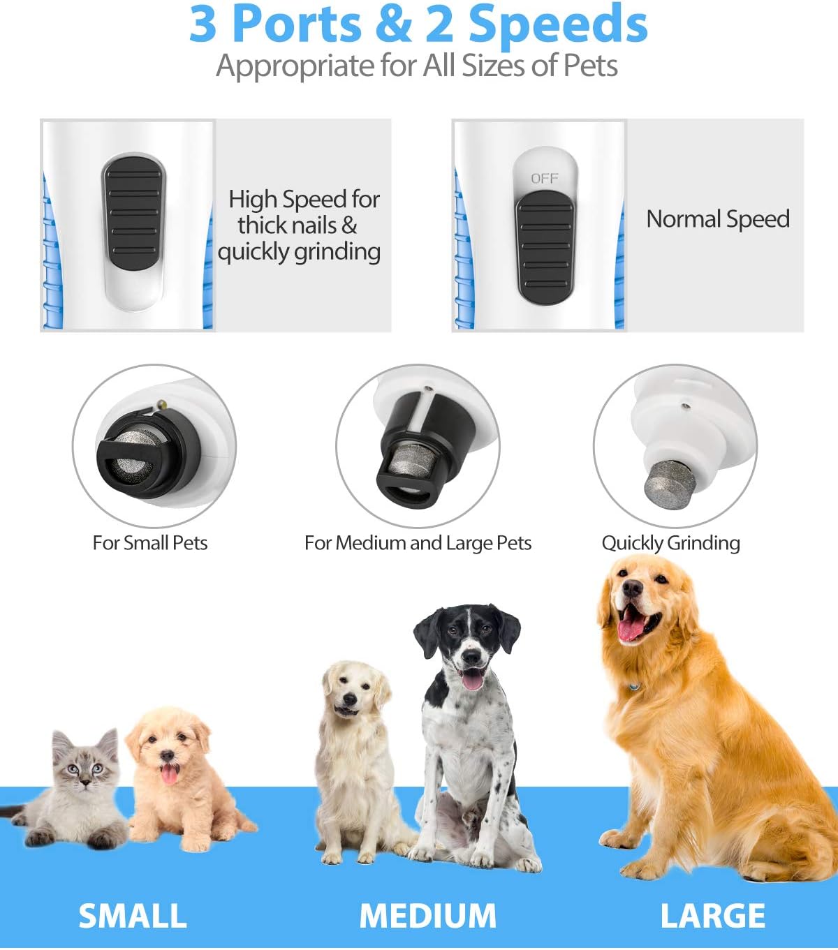 Peteast Dog Nail Grinder, Upgraded LED Lighting 2-Speed Nail Clippers USB Powerful Electric Nail Trimmer Paws Grooming Trimming for S/M/L Dogs Pets, 2 Grinding Wheels & Storage Bag