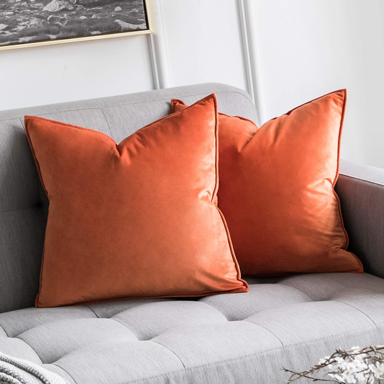 MIULEE Velvet Cushion Covers 40cm x 40cm Orange Decorative Square Throw Pillow Covers Flanges Pillowcases Soft for Livingroom Sofa Bedroom with Invisible Zipper 16 x 16 Inch Pack of 2