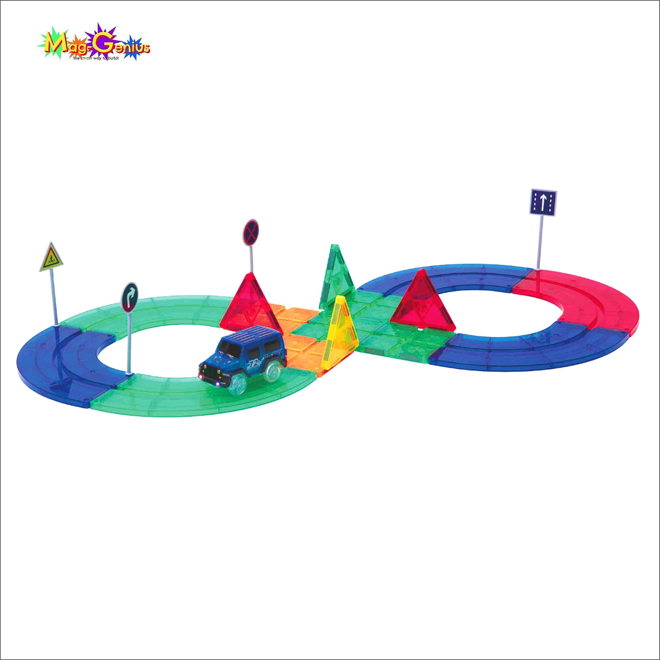 Mag-Genius Ultimate Racing 55 Piece Magnet Racing Set Includes 8 bonus magnetic road signs 2 Bonus people Toy Race Track Set