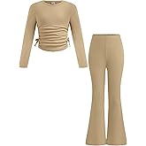 Yesfashion Girls' Clothing Sets Casual Crew Neck Long Sleeve Fitted Ruched Top and Flared Leggings Pants Set