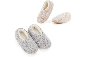 Cozylook 2-Pair Women's Soft Sole Slipper Socks with Grippers, Thick Warm Cozy Sherpa Lined Home Socks Set, Cable Knitted Non-slip Fluffy Winter House Bedroom Slippers