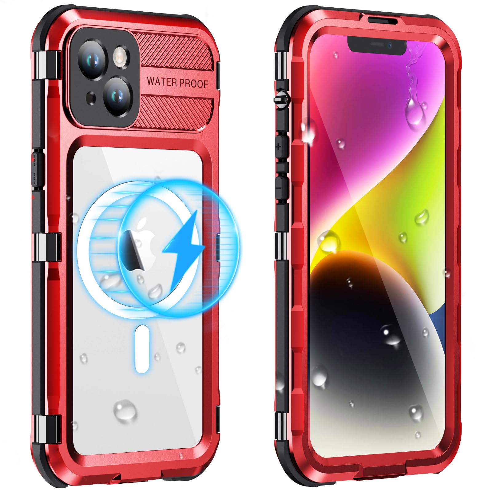 WIFORT for iPhone 14 Plus Waterproof Case, Heavy Duty Metal Cover with Built-in Screen Protector [Compatible with Magsafe], 360° Full Body Protective Shockproof Case for iPhone 14 Plus, 6.7" Red — image 1