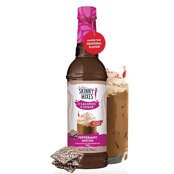 JORDAN’S SKINNY MIXES SUGAR FREE COFFEE SYRUP, HOLIDAY PEPPERMINT MOCHA COFFEE FLAVORING SYRUP, ZERO CALORIE DRINK MIX FOR LATTES, BAKING, PROTEIN SHAKE OR COCKTAIL, DAIRY & GLUTEN FREE, KOSHER, 25.4 FL OZ