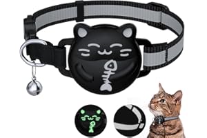 WROSWT Waterproof Airtag Cat Collar, Breakaway Cat Collars with Luminous & Reflective Strap for Apple Air tag, Kitten Safety Elastic Band, Lightweight Hidden GPS Tracker Holder(Black, 9"-14")