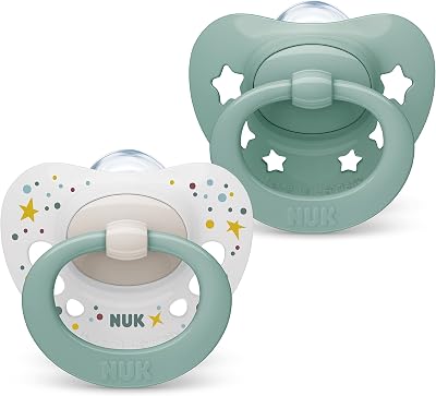 NUK Signature Baby Dummy 0-6 Months Heart-Shaped BPA-Free Case Green Stars 2