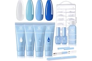 Makartt Blue Poly Nail Gel Kit Hard Gel 4 Cool Colors Gel Builder Starter Kit for Nail Extension Enhancement Slip Solution Dual Forms Base Top Coat All in One Gel Manicure Kit