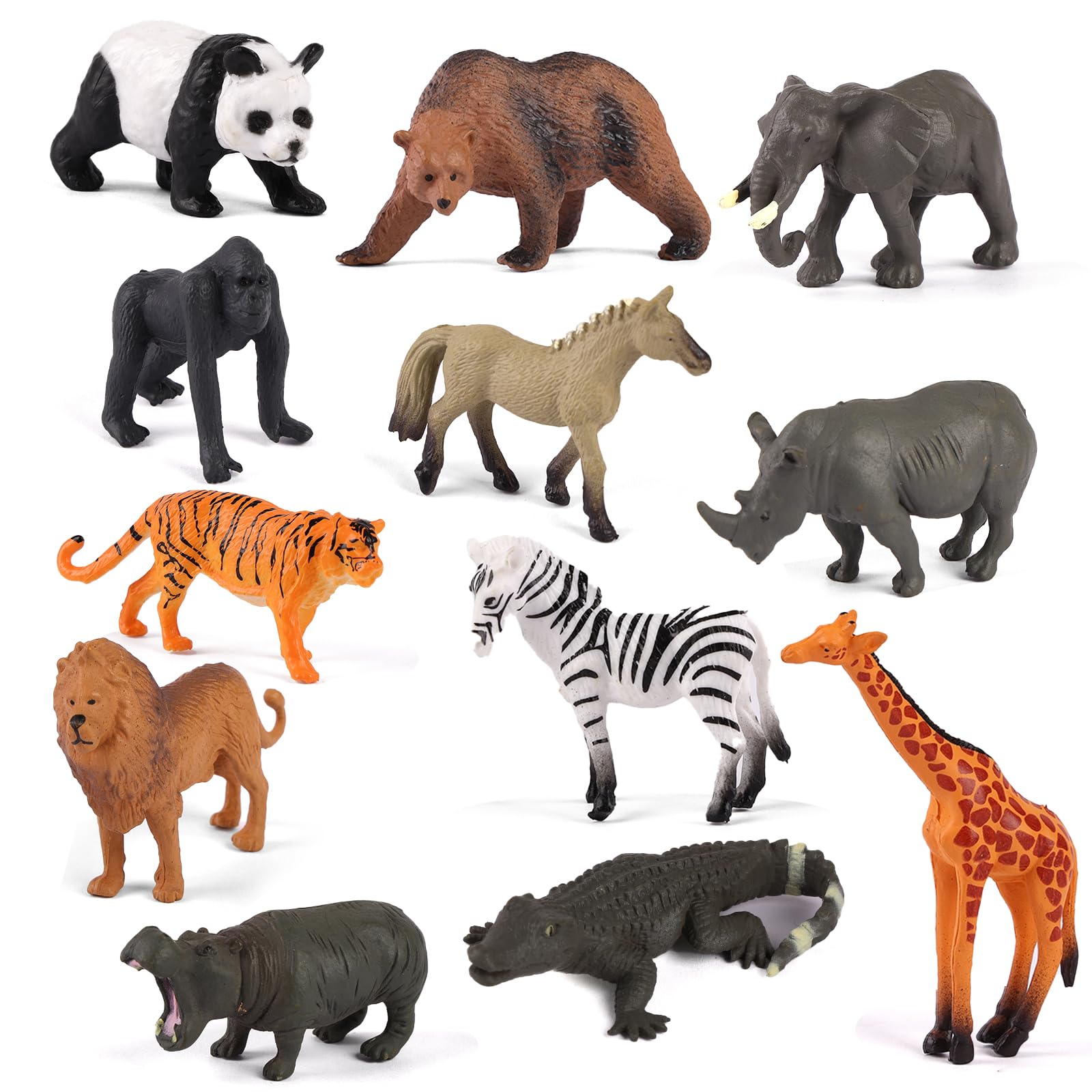 Maxmoc 12PCS Zoo Animals Toys Set, Realistic Jungle Animal Figures with Lion, Tiger, Elephant, Giraffe, Zebra, Panda, Hippo, Gorilla, Plastic Animals Toys for Kids Educational Play and Party Favors