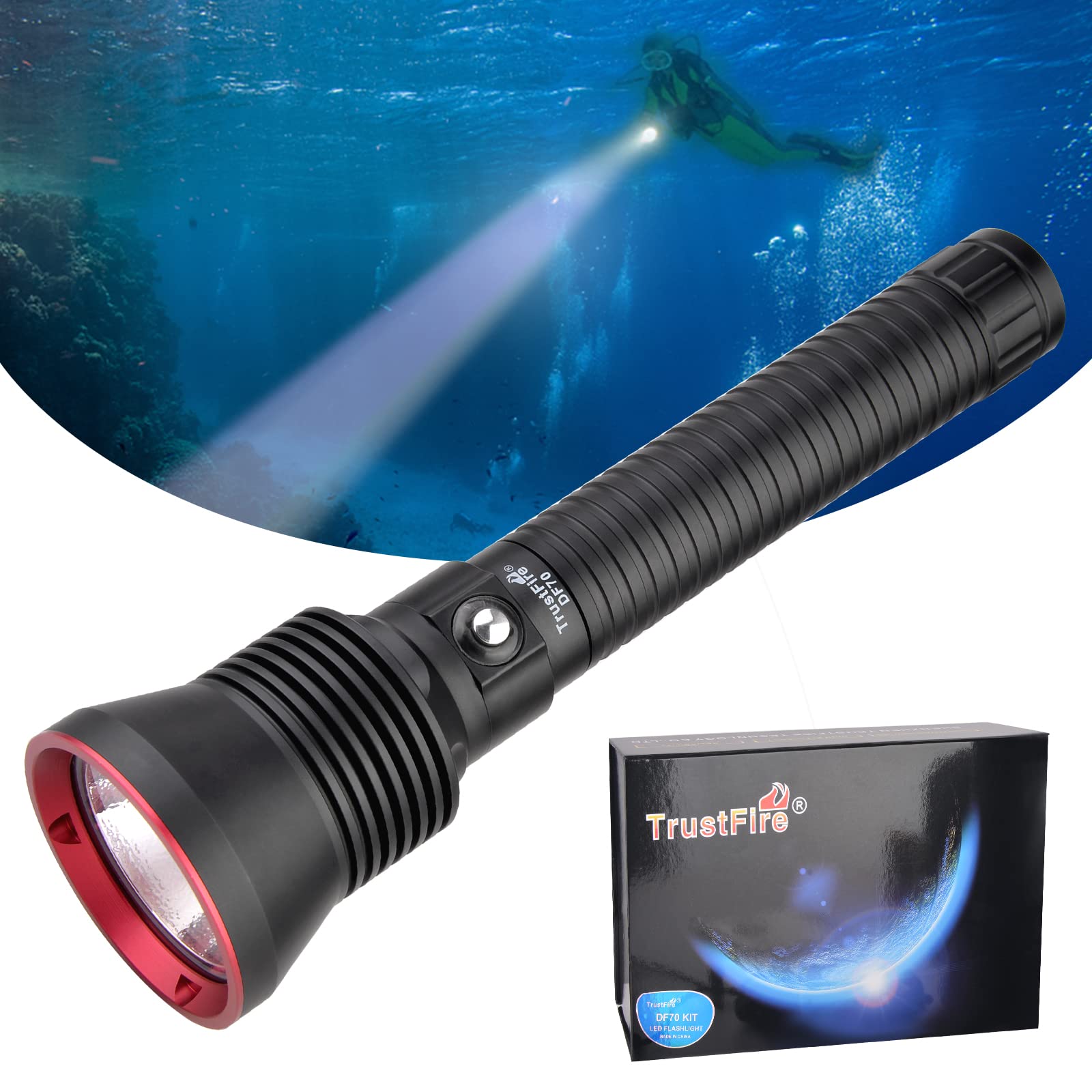 TrustFire DF70 Scuba Diving Torch 3200 Lumen Diving Flashlight Waterproof Dive Lights 70m Underwater LED Flashlight White Submersible Lights with Battery and Charger