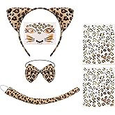 Avxdbr 6 Pcs Leopard Costume Set Cheetahs Ears Headband Tail Bow Tie Face Stickers Tattoos Set Leopard Cat Costume Animal Ears Headband for Women Halloween Cosplay Accessories