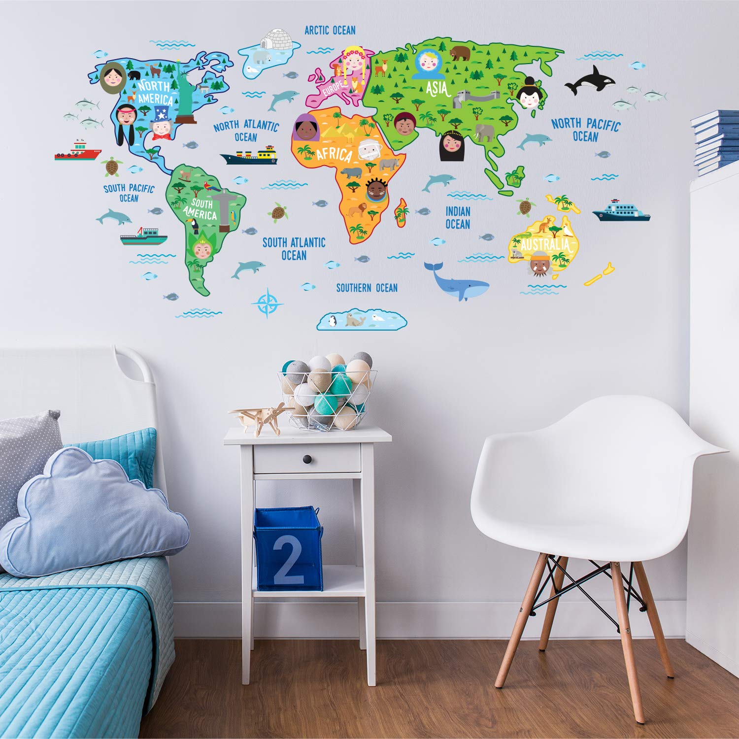 Walplus "Educational Nursery World Map" Removable Self-Adhesive Wall Stickers Murals Nursery Office Home Decoration, 180 x 106 cm