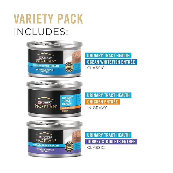 PURINA PRO PLAN URINARY CAT FOOD WET VARIETY PACK URINARY TRACT HEALTH OCEAN WHITEFISH, CHICKEN, TURKEY AND GIBLETS – (PACK OF 24) 3 OZ. CANS